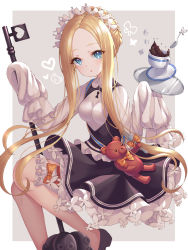 Rule 34 | 1girl, abigail williams (fate), abigail williams (festival outfit) (fate), absurdres, black skirt, blonde hair, bloomers, blue eyes, blush, border, bow, braid, breasts, cup, dress, fate/grand order, fate (series), forehead, french braid, grey background, heroic spirit festival outfit, highres, keyhole, long hair, long sleeves, looking at viewer, maid headdress, mop, nowsicaa, official alternate costume, open mouth, orange bow, parted bangs, sash, saucer, sidelocks, simple background, skirt, sleeves past fingers, sleeves past wrists, small breasts, solo, stuffed animal, stuffed toy, teacup, teddy bear, tray, underwear, white bloomers, white border, white dress