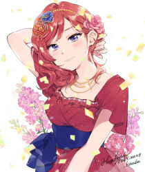 Rule 34 | 1girl, arm behind head, artist name, blush, breasts, character name, closed mouth, commentary, confetti, dated, dress, english commentary, fingernails, floral background, flower, hair flower, hair ornament, happy birthday, highres, karuha, looking at viewer, love live!, love live! school idol project, medium breasts, nishikino maki, pink flower, purple eyes, red dress, red hair, short sleeves, smile, solo, upper body