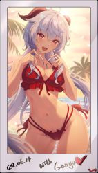 Rule 34 | 1girl, :d, absurdres, ahoge, beach, bikini, blue hair, blush, breasts, c.honey, character name, cleavage, cowboy shot, crossed bangs, curled horns, dated, ganyu (genshin impact), genshin impact, hair between eyes, hands up, highres, horns, large breasts, long hair, looking at viewer, multi-strapped bikini, open mouth, outdoors, palm tree, pink eyes, red bikini, smile, solo, standing, swimsuit, tree, very long hair