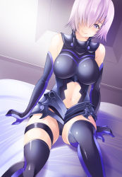 Rule 34 | 1girl, arm support, armor, armored dress, bare shoulders, black thighhighs, breasts, closed mouth, elbow gloves, fate/grand order, fate (series), gloves, hair over one eye, indoors, large breasts, light purple hair, looking at viewer, maki (seventh heaven maxion), mash kyrielight, navel, purple eyes, purple gloves, short hair, sitting, smile, solo, stomach, thighhighs, type-moon