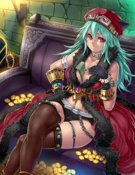 Rule 34 | 1girl, belt, between breasts, black gloves, black thighhighs, breasts, chain, cleavage, coin, collar, collarbone, crossed legs, fingerless gloves, fur trim, gloves, goggles, goggles on head, green hair, hat, highres, houtengeki, jewelry, large breasts, long hair, looking at viewer, lots of jewelry, money, tucked money, navel, necklace, original, pearl necklace, pink eyes, ragnarok online, rogue (ragnarok online), shorts, sitting, smile, solo, thighhighs