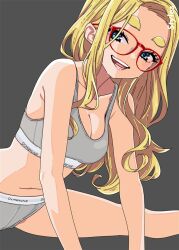 1girl blonde_hair blue_eyes bra breasts cleavage dekomegane glasses grey_background grey_bra grey_panties long_hair looking_at_viewer makeup mascara medium_breasts open_mouth original panties red-framed_eyewear round_teeth sasetsu smile solo sports_bra spread_legs teeth thick_eyebrows underwear underwear_only wavy_hair