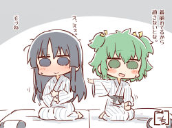 Rule 34 | 2girls, :&gt;, :d, adjusting clothes, antenna hair, artist name, assault lily, barefoot, bath yukata, black eyes, blush, chibi, closed mouth, commentary request, futon, gochisousama (tanin050), green eyes, green hair, grey background, hair between eyes, hair ribbon, hand on lap, hand up, hands up, japanese clothes, kimono, long hair, long sleeves, looking at viewer, messy hair, motion lines, multiple girls, on bed, open mouth, outstretched arm, pointing, pointing at another, ribbon, seiza, shirai yuyu, short hair, sitting, smile, solid circle eyes, striped clothes, striped kimono, sweatdrop, translated, two-tone background, two side up, vertical-striped clothes, vertical-striped kimono, white background, white kimono, wide sleeves, yellow ribbon, yoshimura thi mai, yukata