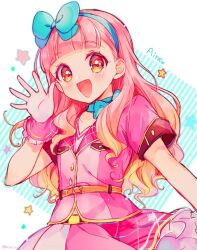 Rule 34 | 1girl, :d, aikatsu! (series), aikatsu friends!, belt, blue bow, blue hairband, blunt bangs, blush, bow, character name, commentary request, gradient hair, hair bow, hairband, hand up, idol clothes, jacket, long hair, looking at viewer, multicolored hair, open hand, open mouth, orange eyes, orange hair, pink hair, pink jacket, pink skirt, short sleeves, skirt, smile, solo, standing, star (symbol), touyama soboro, yellow belt, yuki aine