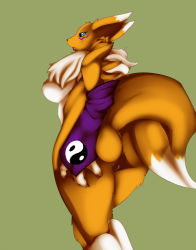 Rule 34 | ass, black sclera, blue eyes, breasts, colored sclera, digimon, digimon (creature), fox, furry, hip focus, huge ass, looking back, open mouth, renamon, simple background, tail, wide hips