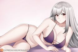 Rule 34 | 1girl, aslindsamure, azur lane, bare shoulders, bikini, blush, breasts, cleavage, closed mouth, collarbone, commentary, dunkerque (azur lane), gradient background, grey hair, hair ornament, large breasts, long hair, looking at viewer, lying, navel, on side, panties, pink eyes, purple bikini, sidelocks, simple background, skindentation, solo, swimsuit, thighs, underwear