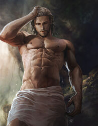 Rule 34 | 1boy, abs, absurdres, aenaluck, bara, chest hair, closed mouth, facial hair, grey hair, highres, large pectorals, male focus, master (aenaluck), muscular, muscular male, navel, navel hair, nipples, original, pectorals, short hair, signature, solo, towel, towel around waist, water, wet, wet hair