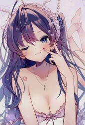 Rule 34 | 1girl, ;3, barefoot, blue eyes, blue hair, blush, breasts, cleavage, commentary, facial mark, hair ornament, heart, heart facial mark, heart hair ornament, highres, ichinose shiki, idolmaster, idolmaster cinderella girls, jewelry, lipstick mark, lipstick mark on shoulder, long hair, medium breasts, necklace, neru5, one eye closed, purple hair, purple nails, solo, symbol-only commentary, v