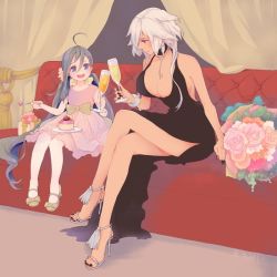 Rule 34 | 2girls, :d, ahoge, alternate costume, black dress, black nails, blue eyes, bouquet, breasts, cake, cleavage, colis, cup, dark-skinned female, dark skin, dress, drink, drinking glass, flower, food, fork, grey hair, hair between eyes, high heels, holding, holding cup, holding fork, kantai collection, kiyoshimo (kancolle), large breasts, long hair, low twintails, multiple girls, musashi (kancolle), nail polish, open mouth, orange flower, pink dress, pink flower, purple flower, red eyes, red flower, short hair with long locks, sitting, sleeveless, sleeveless dress, smile, toasting (gesture), twintails, very long hair, white hair