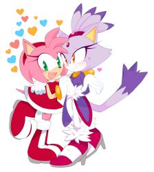 Rule 34 | 2girls, amy rose, animal ears, arm on another&#039;s shoulder, blaze the cat, blush, cat ears, cat girl, cat tail, dress, eyelashes, forehead jewel, fur-trimmed footwear, fur-trimmed gloves, fur trim, furry, furry female, gloves, gold necklace, green eyes, hand on another&#039;s back, heart, high heels, highres, holding hands, jacket, jewelry, looking at viewer, motobug, multiple girls, necklace, open mouth, pants, pink footwear, pink fur, ponytail, purple fur, purple jacket, red dress, red footwear, smile, sonic (series), standing, standing on one leg, sweatdrop, tail, white gloves, white pants, yellow eyes, yuri