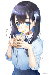 Rule 34 | 1girl, black hair, blue eyes, blue shirt, blush, breasts, bubble tea, bubble tea challenge, collared shirt, commentary request, cup, disposable cup, drink, drinking, drinking straw, hair ornament, hair ribbon, highres, holding, holding cup, long hair, looking at viewer, original, pleated skirt, ribbon, sakura shiori, school uniform, shirt, skirt, sleeves rolled up, small breasts, smile, solo