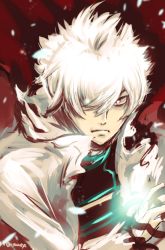 Rule 34 | 1boy, artist name, close-up, dido (super robot wars dd), glowing, glowing hand, hair over one eye, hgoyan, jacket, looking to the side, male focus, red eyes, solo, super robot wars, super robot wars dd, white hair, white jacket, white theme