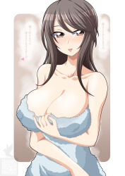 Rule 34 | 1girl, artist logo, bare shoulders, breasts, brown eyes, brown hair, cleavage cutout, clothing cutout, commentary, girls und panzer, grabbing own breast, half-closed eyes, heart, highres, ichijou takakiyo, large breasts, long hair, looking at viewer, mika (girls und panzer), naked towel, no headwear, open mouth, smile, solo, standing, steam, towel, translated