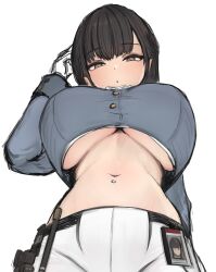 Rule 34 | 1girl, :o, blush, breasts, brown eyes, brown hair, cropped jacket, doburingo, from below, gloves, goddess of victory: nikke, grey jacket, highres, jacket, large breasts, long hair, looking at viewer, marciana (nikke), military jacket, navel, navel piercing, pants, parted lips, piercing, simple background, solo, tight clothes, tight pants, underboob, white background, white gloves, white pants
