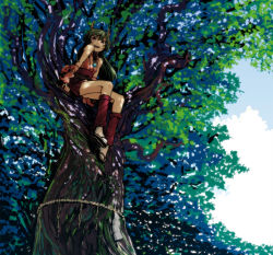 Rule 34 | 1girl, bad id, bad pixiv id, brown eyes, green hair, horns, in tree, kahadu (kawazu), legs, naga (staygarden), rope, ryuujin naga, shimenawa, sitting, sitting in tree, solo, tree