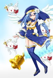 Rule 34 | 1girl, alternate costume, angel wings, bell, blue eyes, blue hair, bow, braid, cat (battle cats), coppermine, expressionless, flower, glasses, hair bow, halo, hayashiya zankurou, highres, long hair, muscular, nyanko daisensou, single braid, thighhighs, veil, very long hair, wings, winter clothes