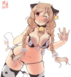 Rule 34 | 1girl, against glass, alternate costume, animal ears, animal print, artist logo, bikini, braid, breasts, cheek squash, cloud hair ornament, commentary request, cow ears, cow horns, cow print, cow tail, cowboy shot, dated, disembodied hand, highres, horns, kanon (kurogane knights), kantai collection, large breasts, leaning forward, light brown hair, long hair, lowleg, lowleg bikini, minegumo (kancolle), navel, one eye closed, red eyes, simple background, solo, swimsuit, tail, tears, twin braids, white background, white bikini