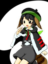 Rule 34 | 1boy, baila kuangzi, bird tail, black capelet, black eyes, black hair, black hat, black vest, capelet, chinese commentary, collared shirt, commentary request, fur-trimmed capelet, fur trim, green ribbon, grey shorts, hand up, hat, highres, indie virtual youtuber, male focus, neck ribbon, open mouth, ribbon, shirt, short hair, shorts, smile, solo, suspender shorts, suspenders, tabinoki kanae, tabinoki kanae (2nd costume), tail, vest, virtual youtuber, white shirt