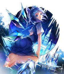 Rule 34 | 1girl, arched back, barefoot, blue bow, blue eyes, blue hair, blue skirt, blue theme, blue vest, bow, castle, cinderella, cirno, feet, fence, glass slipper, hair bow, high heels, highres, ice, ice shoes, ice wings, looking back, matching hair/eyes, reflection, shoes, unworn shoes, shooting star, short hair, sitting, skirt, sky, snowflakes, soles, solo, star (sky), starry sky, tiara, touhou, u u zan, vest, wings