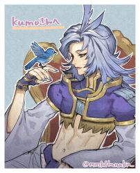 Rule 34 | 1boy, abs, bird, bird on hand, blue bird, blue gloves, blue nails, border, chair, cropped jacket, final fantasy, final fantasy ix, fingerless gloves, gloves, grey background, grey hair, highres, kuja, long hair, long sleeves, male focus, midriff, nail polish, navel, parted bangs, parted lips, sitting, solo, trap, uboar, upper body, white border, wide sleeves