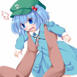 Rule 34 | 1girl, ^^^, blue eyes, blue hair, blush, dress, hair bobbles, hair ornament, hat, jewelry, kawashiro nitori, key, lifting person, long sleeves, looking at another, matching hair/eyes, necklace, nikku (ra), picking up, short hair, short twintails, simple background, skirt, skirt set, solo, surprised, sweatdrop, touhou, twintails, two side up, wavy mouth, white background