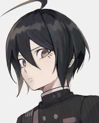 Rule 34 | 1boy, ahoge, black hair, bojue (hakus 1128), brown hair, buttons, danganronpa (series), danganronpa v3: killing harmony, double-breasted, hair between eyes, highres, jacket, male focus, parted lips, portrait, saihara shuichi, simple background, solo, striped clothes, striped jacket, teeth