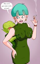 Rule 34 | 1girl, absurdres, angry, blue eyes, breasts, bulma, cigarette, dragon ball, dragonball z, dress, earrings, english text, grabbing, grabbing another&#039;s breast, grabbing from behind, gradient background, green dress, green hair, hand up, highres, holding, holding cigarette, imightbemick, jewelry, large breasts, legs, looking back, monster sex, motion lines, saibaiman, short hair, simple background, sleeveless, sleeveless dress, smoking, speech bubble, standing, thighs, v-shaped eyebrows