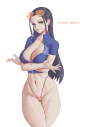Rule 34 | 1girl, absurdres, black hair, blue eyes, blue shirt, breasts, cleavage, collarbone, eyewear on head, gluteal fold, highres, large breasts, lips, long hair, looking at viewer, melowh, navel, nico robin, no pants, one piece, parted lips, patreon username, ribbon, shirt, simple background, solo, sunglasses, thighs, white background, zipper