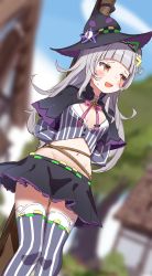 Rule 34 | 1girl, :d, arms behind back, black capelet, black hat, black skirt, blurry, blurry background, blush, capelet, crop top, day, grey hair, hair bun, hair ornament, hat, highres, hololive, long hair, long sleeves, midriff, miniskirt, murasaki shion, murasaki shion (1st costume), navel, open mouth, orobou, outdoors, restrained, skirt, smile, solo, striped clothes, striped skirt, striped thighhighs, thighhighs, vertical-striped clothes, vertical-striped skirt, vertical-striped thighhighs, virtual youtuber, witch hat, yellow eyes