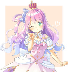 Rule 34 | 1girl, absurdres, blowing kiss, blush, candy hair ornament, commentary request, crown, dress, earrings, food-themed hair ornament, hair ornament, hair rings, heterochromia, highres, himemori luna, himemori luna (1st costume), hololive, jewelry, looking at viewer, one eye closed, open mouth, pink hair, simple background, solo, virtual youtuber