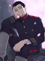 Rule 34 | 1boy, black eyes, black hair, closed mouth, facial hair, scar on face, feet out of frame, goatee, golden kamuy, hair strand, hand on own face, isa (peien516), leg up, light particles, long sleeves, looking at viewer, male focus, military, military uniform, ogata hyakunosuke, scar, scar on cheek, scar on face, shirt, short hair, simple background, sitting, solo, uniform, upper body