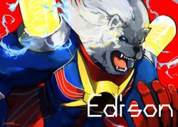 Rule 34 | 1boy, animal head, armor, artist name, blue eyes, character name, electricity, fate/grand order, fate (series), gloves, lansane, lion, male focus, open mouth, pauldrons, red background, red gloves, sharp teeth, shoulder armor, solo, teeth, thomas edison (fate), vacuum tube