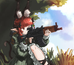 Rule 34 | 1girl, aks-74u, animal ear fluff, animal ears, artist name, assault rifle, bigcat 114514, black bow, bow, braid, cat ears, cat tail, chinese commentary, cloud, commentary request, dress, extra ears, frilled dress, frilled sleeves, frills, grass, green dress, gun, hair bow, highres, holding, holding gun, holding weapon, juliet sleeves, kaenbyou rin, kalashnikov rifle, long hair, long sleeves, one eye closed, pointy ears, puffy sleeves, red eyes, red hair, rifle, scope, solo, tail, touhou, twin braids, twitter username, walkie-talkie, weapon