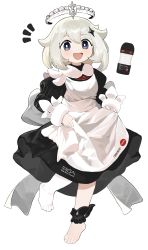 Rule 34 | 1girl, absurdres, alternate costume, apron, apron lift, artificial vagina, asymmetrical legwear, barefoot, clothes lift, commentary request, enmaided, feet, full body, genshin impact, hair ornament, halo, highres, looking at viewer, maid, maid apron, maid headdress, menthako, paimon (genshin impact), ribbon, sex toy, simple background, smile, solo, tenga, toes, white background