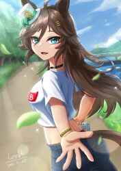 Rule 34 | 1girl, absurdres, ahoge, animal ears, aqua eyes, artist name, ass, black choker, blurry, blurry background, blush, bottle, breasts, bridge, brown hair, choker, commentary request, cowboy shot, cropped shirt, dated, denim, hat, highres, holding, holding bottle, horse ears, horse girl, horse tail, jeans, lake, long hair, medium breasts, midriff, mini hat, mini top hat, mr. c.b. (umamusume), open mouth, outdoors, outstretched hand, pants, shinonome (shinonome rynn), shirt, short sleeves, smile, solo, tail, tilted headwear, top hat, tree, umamusume, water, water bottle, white hat, white shirt