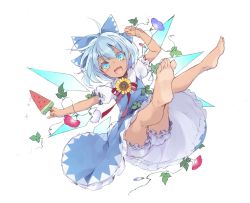 Rule 34 | 1girl, :d, barefoot, bloomers, blue bow, blue dress, blue eyes, blue flower, blue hair, bow, cirno, dress, feet, flower, food, frilled dress, frilled sleeves, frills, full body, hair bow, hidden star in four seasons, highres, ice, ice wings, leaf, looking at viewer, morning glory, open mouth, popsicle, puffy short sleeves, puffy sleeves, red flower, red ribbon, ribbon, short hair, short sleeves, smile, solo, sunflower, tan, tanline, tanned cirno, touhou, toutenkou, underwear, watermelon bar, white bloomers, wings