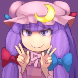 Rule 34 | 1girl, blue bow, bow, crescent, crescent moon, double v, hat, highres, hospital king, long hair, long sleeves, mob cap, moon, patchouli knowledge, pink ribbon, purple background, purple eyes, purple hair, red bow, ribbon, smile, solo, touhou, v
