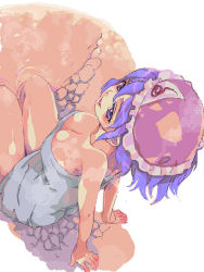 Rule 34 | 1girl, arm support, breasts, cleavage, dithering, female focus, from above, hat, lovecom, naked towel, oekaki, onsen, purple eyes, purple hair, saigyouji yuyuko, solo, touhou, towel