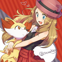 Rule 34 | 1girl, :d, alternate color, bare arms, bare shoulders, black ribbon, black shirt, blonde hair, blue eyes, blush, breasts, brown hair, closed mouth, collared shirt, creatures (company), fennekin, game freak, gen 6 pokemon, hat, hat ribbon, heart, holding, kanimaru, long hair, looking at another, looking down, looking up, nintendo, open mouth, orange eyes, pink hat, pleated skirt, pokemon, pokemon (anime), pokemon (creature), pokemon xy (anime), red skirt, ribbon, serena (pokemon), shirt, skirt, sleeveless, sleeveless shirt, small breasts, smile, striped, striped background, twitter username