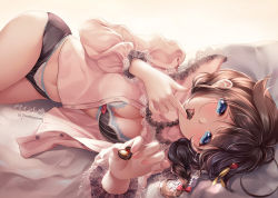 Rule 34 | 1girl, ahoge, black bra, black panties, blue eyes, blush, bra, braid, brown hair, chocolate, commentary request, eating, food, giving, hair flaps, hair ornament, hair over shoulder, hair ribbon, heart-shaped food, holding, holding food, kantai collection, lace, lace-trimmed bra, lace-trimmed panties, lace trim, lingerie, open pajamas, paint musume, pajamas, panties, ribbon, shigure (kancolle), shigure kai ni (kancolle), sidelocks, single braid, smile, solo, underwear