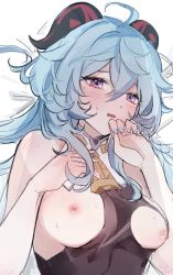 Rule 34 | 1girl, ahoge, annlin, bell, blue hair, blush, breasts, breasts out, clothes pull, embarrassed, ganyu (genshin impact), genshin impact, hand blush, hand on own chest, horns, long hair, looking at viewer, lying, medium breasts, neck bell, nipples, on back, purple eyes, sidelocks, solo, sweatdrop, torn clothes, upper body, wavy mouth