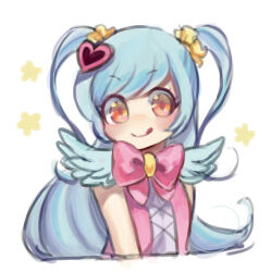 Rule 34 | 1girl, blue hair, commentary request, cropped torso, flat chest, hair ornament, hair scrunchie, heart, heart hair ornament, highres, light blue hair, lobotomy corporation, long hair, looking at viewer, neck ribbon, orange eyes, pink ribbon, pink shirt, project moon, queen of hatred, ribbon, rinmitsu, scrunchie, shirt, simple background, sketch, smile, solo, tongue, tongue out, two side up, upper body