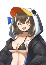Rule 34 | 1girl, :d, animal hood, arknights, bad id, bad twitter id, bikini, black bikini, black choker, black hair, black jacket, breasts, choker, cleavage, collarbone, commentary request, cosplay, fate/grand order, fate (series), hair between eyes, hood, hooded jacket, jacket, large breasts, looking at viewer, magallan (arknights), meltryllis, meltryllis (fate), meltryllis (swimsuit lancer) (fate), meltryllis (swimsuit lancer) (fate) (cosplay), meltryllis (swimsuit lancer) (first ascension) (fate), multicolored hair, navel, open clothes, open jacket, open mouth, short hair, simple background, smile, solo, stomach, streaked hair, swimsuit, teeth, upper body, upper teeth only, white background, white hair, yellow eyes, yuzuruka (bougainvillea)