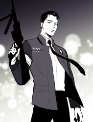 Rule 34 | 1boy, assault rifle, blurry, blurry background, collared shirt, commentary request, connor (detroit), cowboy shot, depth of field, detroit: become human, greyscale, gun, holding, holding gun, holding weapon, jacket, long sleeves, looking at viewer, male focus, monochrome, necktie, onegingek, open clothes, open jacket, parted lips, rifle, shirt, solo, standing, weapon, wing collar