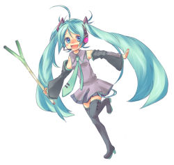 Rule 34 | 1girl, :d, aqua hair, bad id, bad pixiv id, hatsune miku, long hair, open mouth, outstretched arms, simple background, smile, solo, spread arms, spring onion, standing, standing on one leg, thighhighs, twintails, very long hair, vocaloid, white background, yamada ako