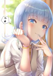 Rule 34 | 1girl, alternate costume, blue eyes, blue hair, blue nails, blunt bangs, collared shirt, commentary request, dress shirt, eighth note, eyebrows hidden by hair, hatsukaze (kancolle), highres, kantai collection, long hair, looking at viewer, mechanical pencil, musical note, nail polish, necktie, pencil, piyobomu, school uniform, shirt, solo, spoken musical note, sweater vest, white shirt, window, yellow necktie
