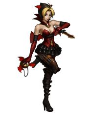 Rule 34 | 1girl, ahoge, alternate costume, bare shoulders, black hair, blonde hair, boots, breasts, brown eyes, cleavage, corset, dagger, demon wings, detached collar, dual wielding, elbow gloves, frilled skirt, frills, full body, gloves, high heel boots, high heels, holding, knife, leon (s-damianvencedor), lips, malin (kof), mini wings, multicolored hair, red gloves, reverse grip, short hair, skirt, smile, solo, standing, standing on one leg, the king of fighters, thigh boots, thighhighs, throwing knife, two-tone hair, weapon, white background, wings, yo-yo