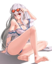 Rule 34 | 1girl, arknights, arm support, bare legs, bare shoulders, barefoot, breasts, cleavage, commentary request, eyewear on head, hair between eyes, hand up, knee up, long hair, looking at viewer, medium breasts, no headwear, off-shoulder shirt, off shoulder, official alternate costume, partial commentary, red eyes, shirt, short sleeves, silver hair, simple background, sitting, skadi (arknights), skadi (waverider) (arknights), solo, sunglasses, thighs, very long hair, white background, white shirt, yamauchi (conan-comy)