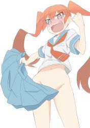 Rule 34 | 1girl, blue skirt, blush, bottomless, breasts, commentary request, convenient censoring, fang, groin, highres, hyakuen raitaa, long hair, looking at viewer, open mouth, orange hair, ringed eyes, school uniform, serafuku, simple background, skirt, solo, sweat, twintails, ueno-san wa bukiyou, ueno (ueno-san wa bukiyou), unworn skirt, very long hair, white background