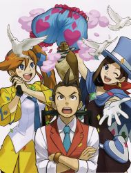 Rule 34 | 1boy, 2girls, :d, :o, ;d, ace attorney, animal, animal on head, apollo justice, athena cykes, bird, bird on head, black dress, black gloves, bloomers, blue bloomers, blue cape, blue eyes, blue hairband, blue hat, blue necktie, bracelet, brown eyes, brown hair, cape, confetti, crossed arms, dove, dress, falcon, fuse takuro, gloves, hairband, hat, highres, jewelry, long hair, multiple girls, necktie, official art, on head, one eye closed, open mouth, outstretched hand, own hands clasped, own hands together, phoenix wright: ace attorney - dual destinies, red scarf, scan, scarf, side ponytail, single glove, smile, taka (ace attorney), top hat, trucy wright, underwear, white background, white gloves